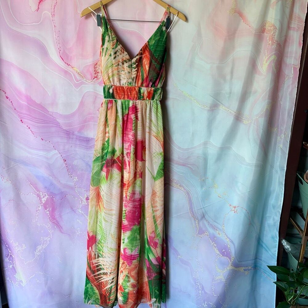 VENUS 8 Pink Green Tropical Floral Maxi Dress Preppy Artsy Romantic Boardwalk
